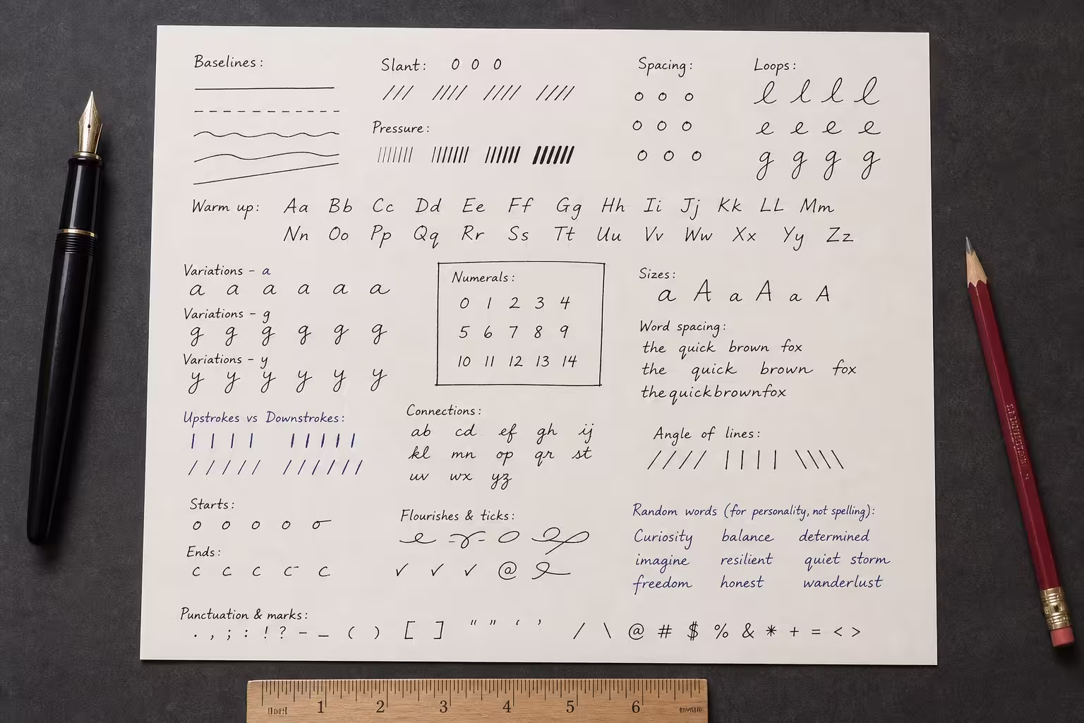 Overhead notebook showing varied handwriting size, slant, spacing, pressure, loops, letter connections, numerals and punctuation